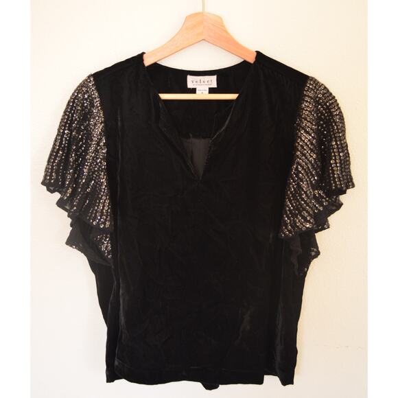 Velvet Graham & Spencer Black Velvet Sequin Flutter Sleeve Top Size Small - Picture 2 of 6